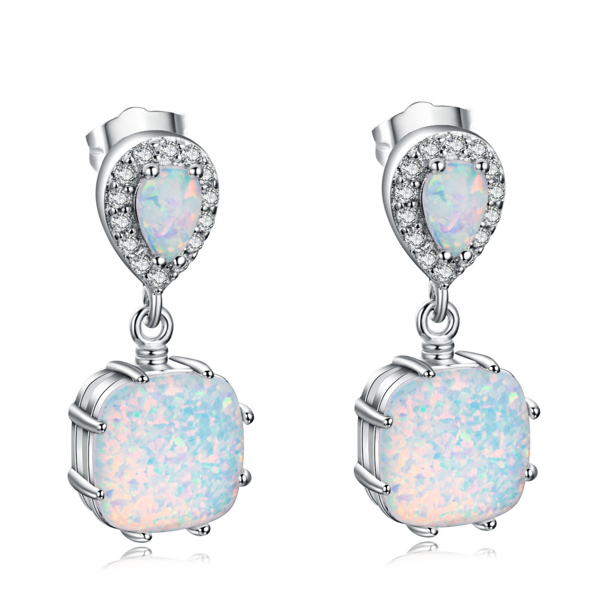 Women's White Gold Plated Teardrop Crystal Halo White Opal Square Dangle Earrings