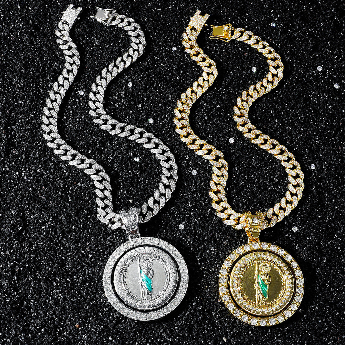 Hip Hop Religion Rotating St. Jude Statue Cuban Chain Pendant Necklace