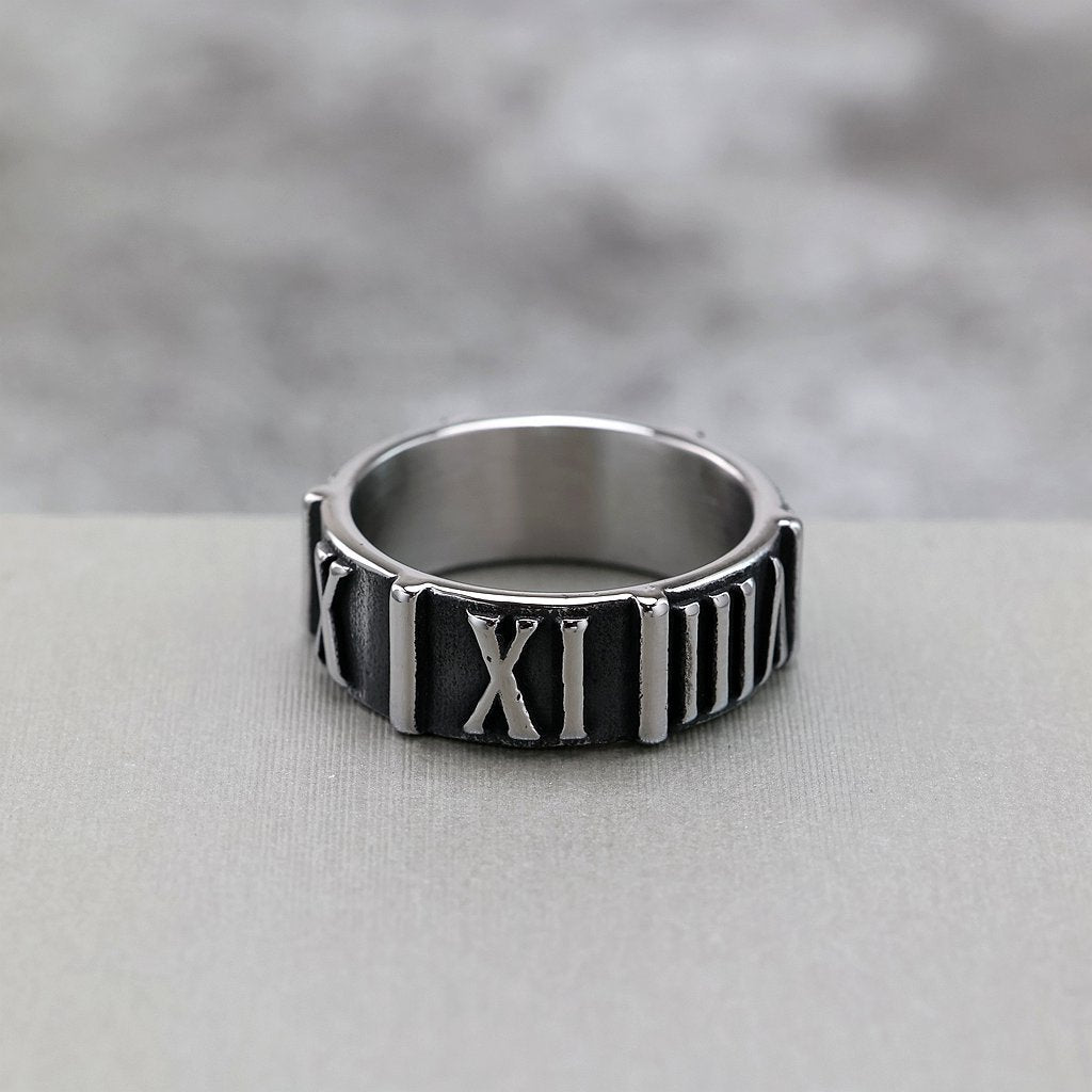 Vintage  Stainless Steel Roman Numeral Embossed Band Ring for Men