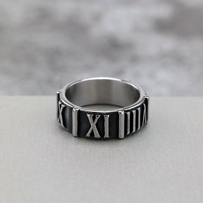 Vintage  Stainless Steel Roman Numeral Embossed Band Ring for Men