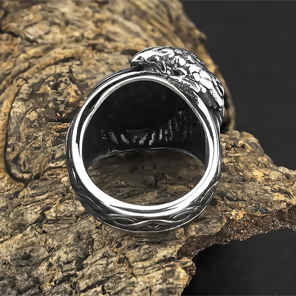 Vintage Solid Stainless Steel Viking Triangle Symbol Crow Totem Band Ring for Men