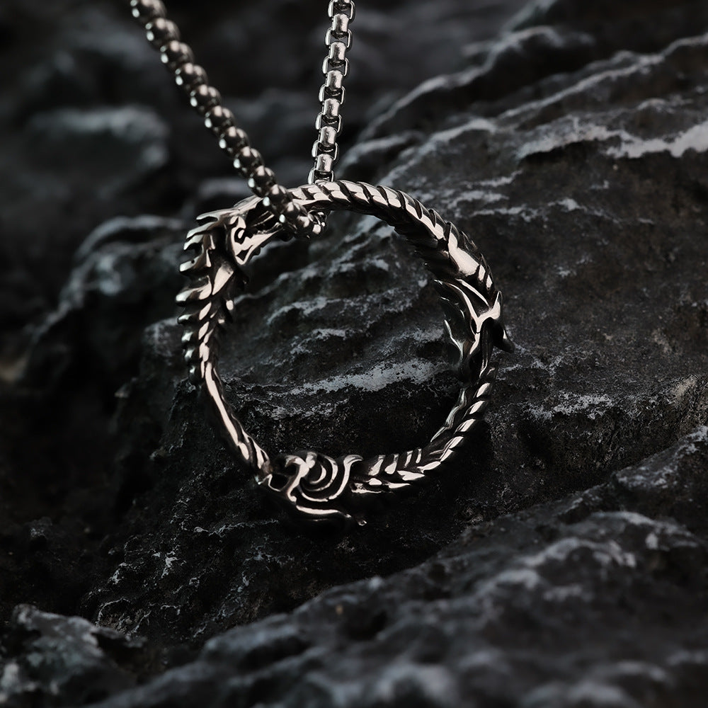 Men's Steel Ouroboros Dragon Ring Shape Pendant Necklace