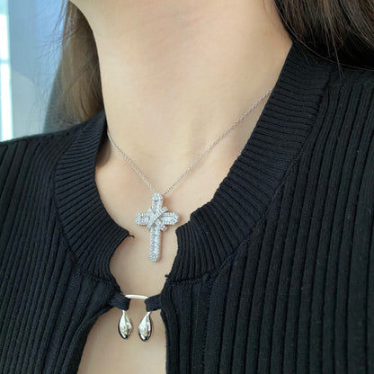 Women's Exquisite High‑end Cross Pendant Necklace, Starry Paved Zirconia Inlay, S925 with White Gold Plating