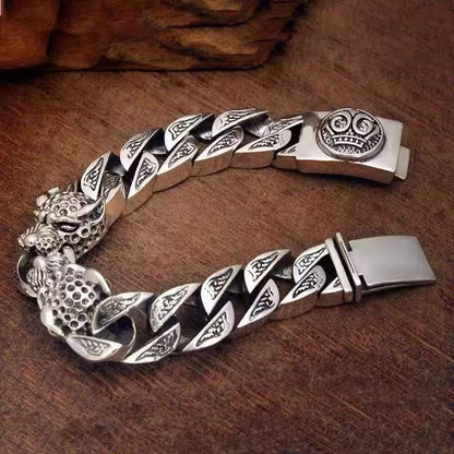 Men's Vintage Double Leopard Head Engraved Curb Link Bracelet