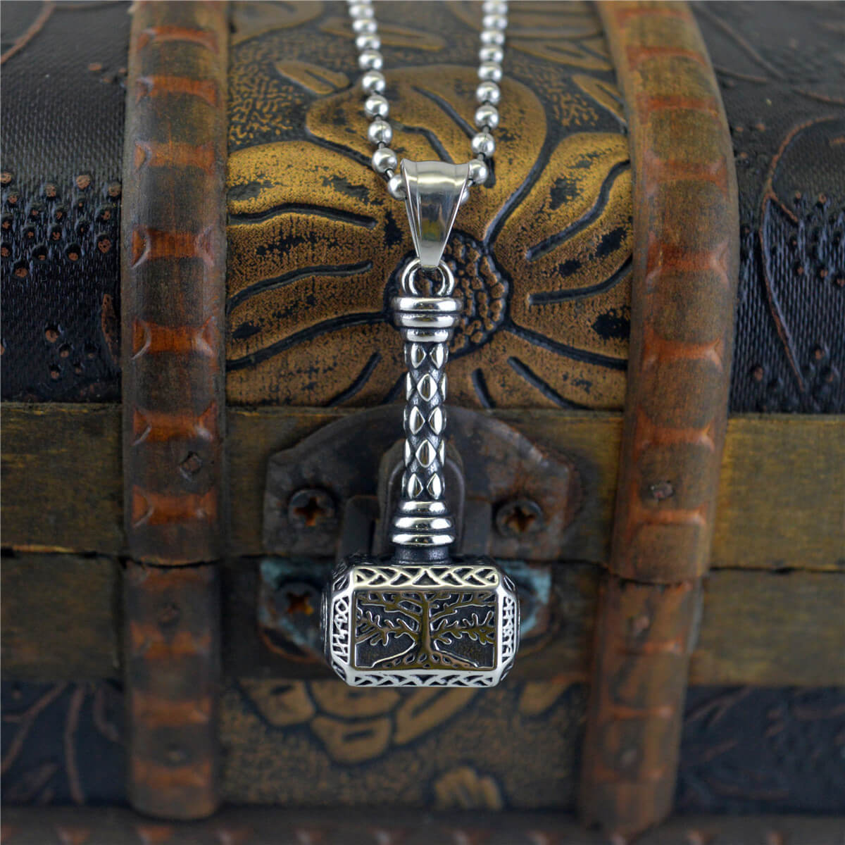 Men's Steel Hollow Tree Of Life Thor Hammer Pendant Necklace