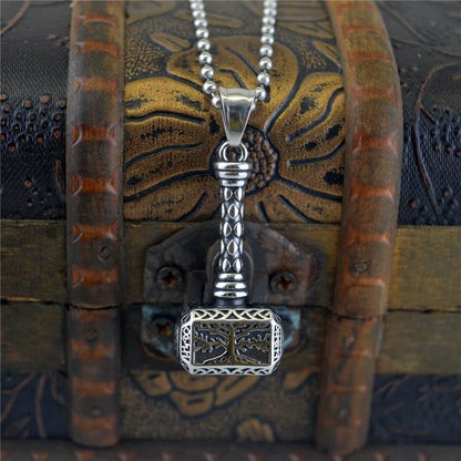 Men's Steel Hollow Tree Of Life Thor Hammer Pendant Necklace