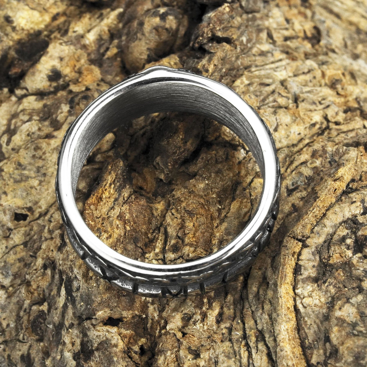 Vintage Solid Stainless Steel Norse Viking Helm of Awe Rune Carved Wide Band Ring for Men