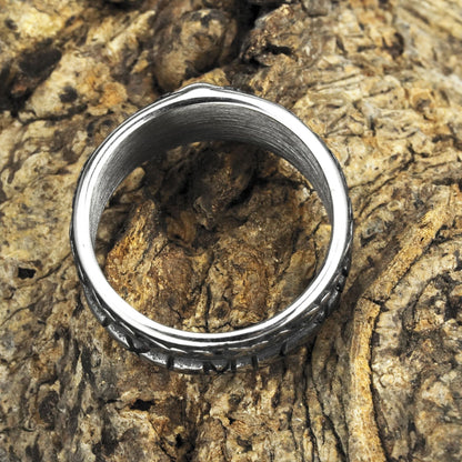 Vintage Solid Stainless Steel Norse Viking Helm of Awe Rune Carved Wide Band Ring for Men