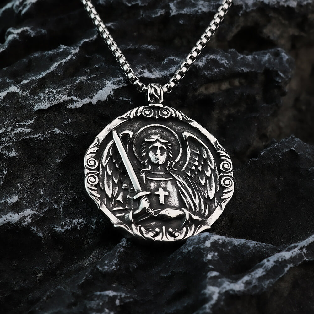Men's Steel Vintage Archangel St Michael Double Sided Round Pendant Necklace
