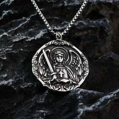 Men's Steel Vintage Archangel St Michael Double Sided Round Pendant Necklace