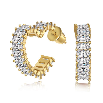 Women's Heart Hollow Huggie Earrings, Full Paved Rectangular Zirconia Inlaid, Premium Style, S925 with 18K Gold Plating