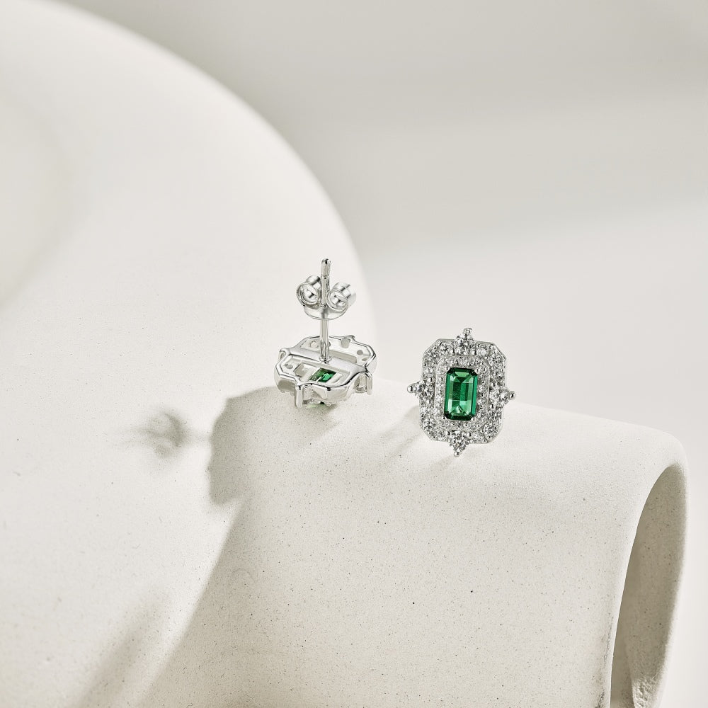 Women's Vintage Double Halo Stud Earrings, Rectangle Emerald Center Stone, S925 with White Gold Plating