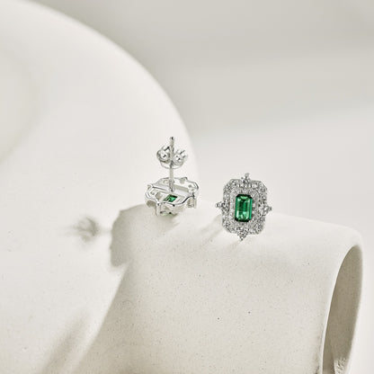 Women's Vintage Double Halo Stud Earrings, Rectangle Emerald Center Stone, S925 with White Gold Plating