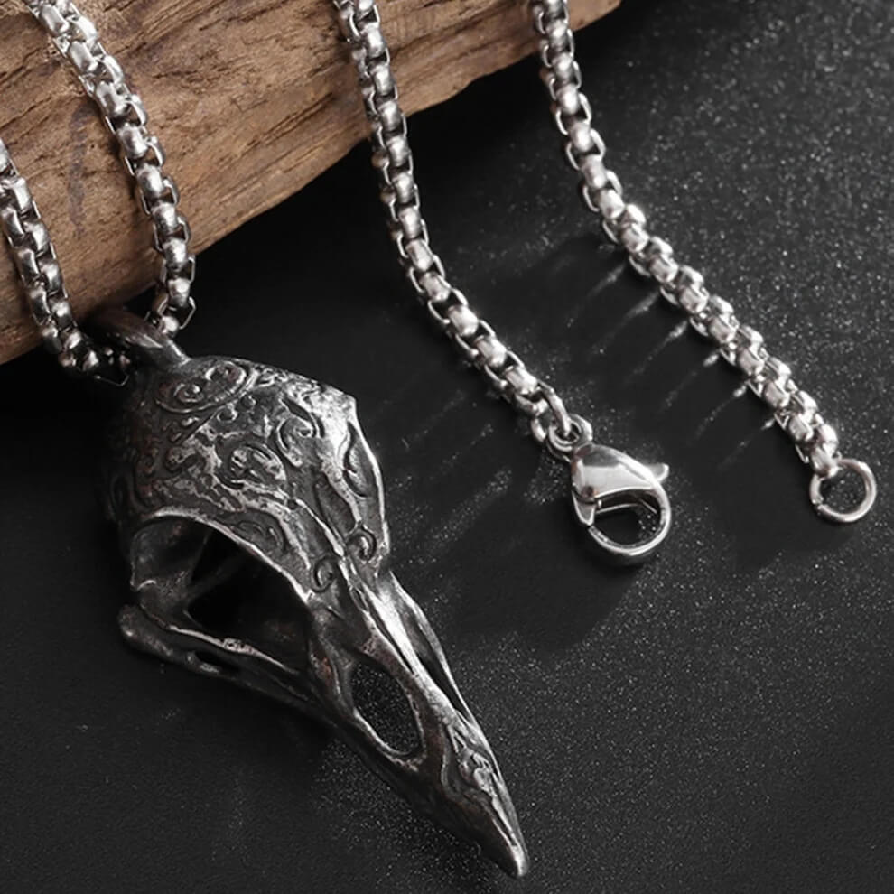 Men's Steel Vintage Raven Skull Pendant Necklace Nordic Viking Style Jewelry