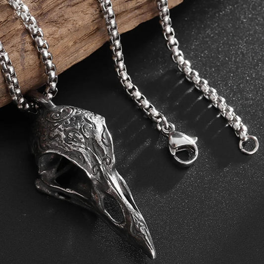 Men's Steel Vintage Raven Skull Pendant Necklace Nordic Viking Style Jewelry