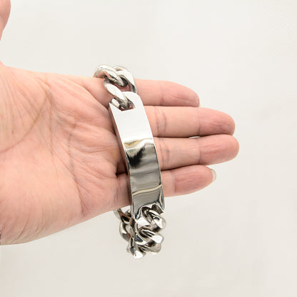 Men’s Silver Six Sides Polished Curved Tag Bracelet, Fashion Stainless Steel Wrist Jewelry