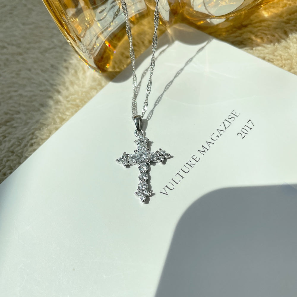 Women's Stackable Religious Cross Pendant Necklace, Zirconia Inlay, S925 with White Gold Plating