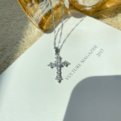 Women's Stackable Religious Cross Pendant Necklace, Zirconia Inlay, S925 with White Gold Plating