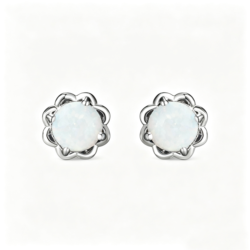 Women's 4‑Prong Flower Bezel Round White & Blue Opal Stud Earrings, S925,with White Gold Plating / with Rose Gold Plating