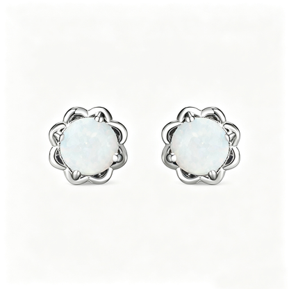 Women's 4‑Prong Flower Bezel Round White & Blue Opal Stud Earrings, S925,with White Gold Plating / with Rose Gold Plating
