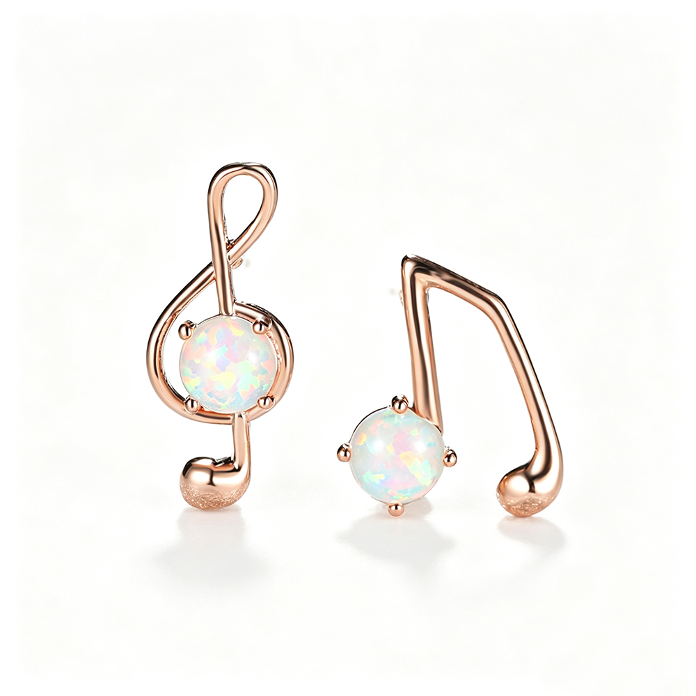 Women's Asymmetrical Music Note Round Opal Stud Earrings, Blue Opal & White Opal