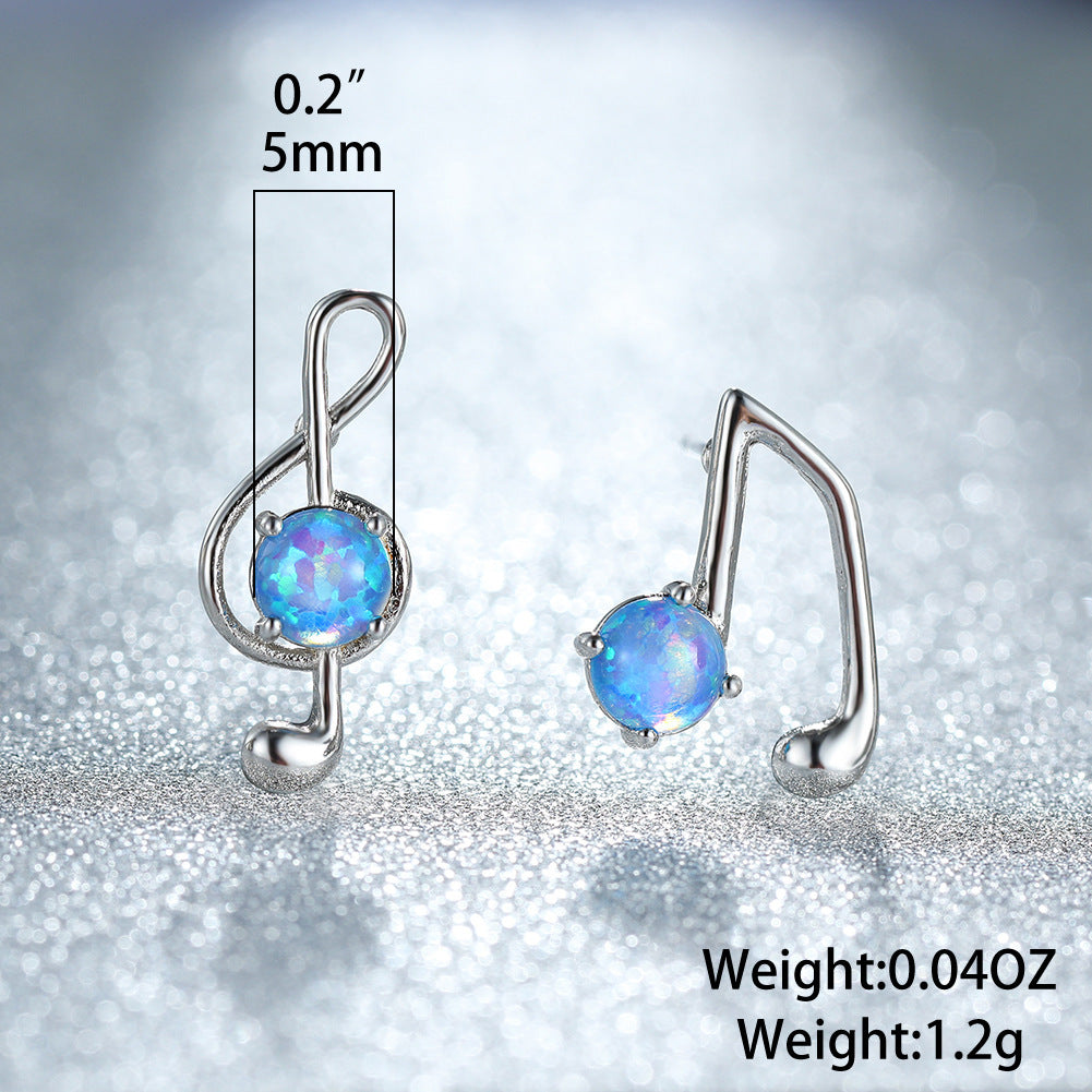Women's Asymmetrical Music Note Round Opal Stud Earrings, Blue Opal & White Opal