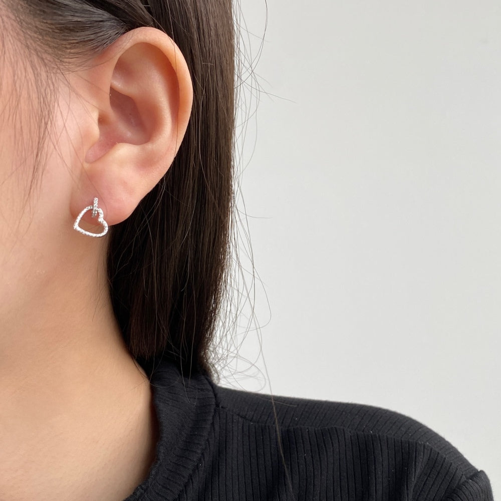 Women's Interlocking Heart Dangle Stud Earrings, Paved Zirconia, S925 with White Gold Plating