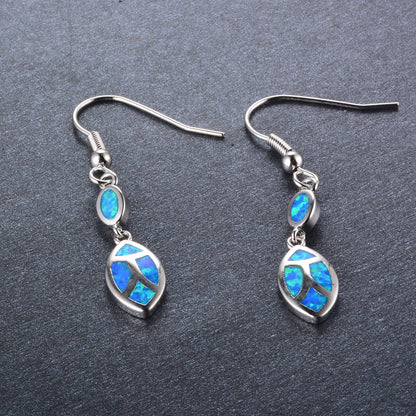 Women's Double‑Layer Leaf Mosaic Blue & White Opal Hook Dangle Earrings, White Gold Plating