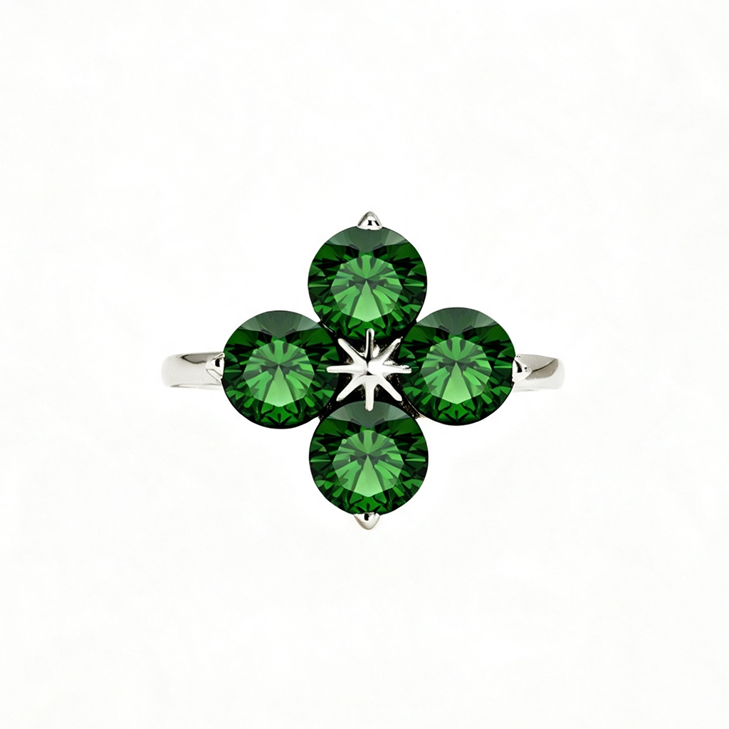 Women's S925 Silver White Gold Tone Ring, Green Round Zircon Inlaid Clover Eight-Pointed Star Ladies Ring