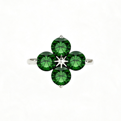Women's S925 Silver White Gold Tone Ring, Green Round Zircon Inlaid Clover Eight-Pointed Star Ladies Ring