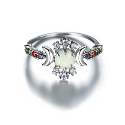 Women's Triple Moon Opal ring with Color Zirconia