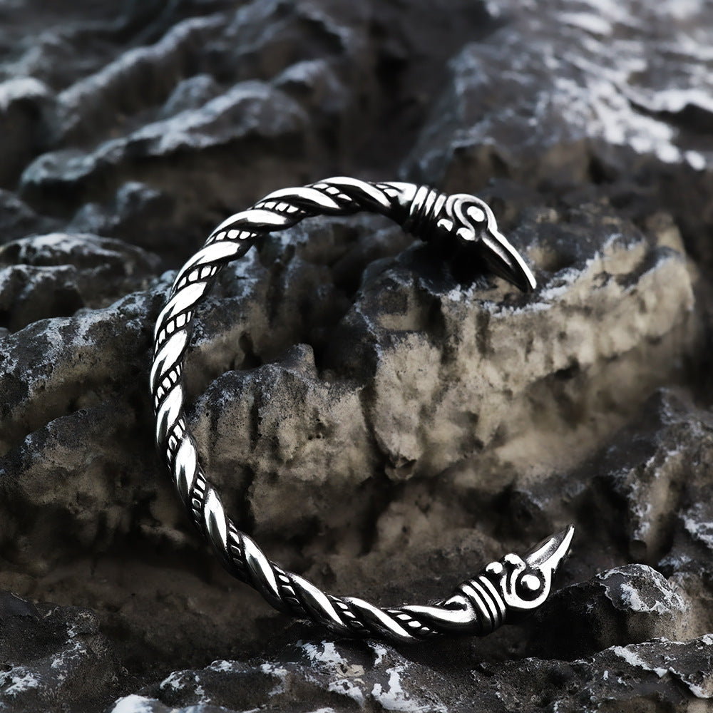 Viking Raven Solid Stainless Steel Open C Bracelet for Men, Nordic Pirate Vintage Adjustable Cuff Bangle
