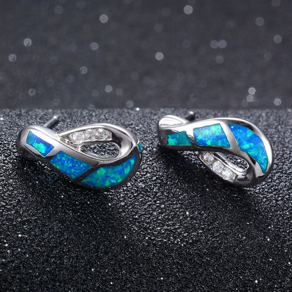 Women's Twisted Hollow Inlaid Blue Opal Stud Earrings With Zirconia Accents