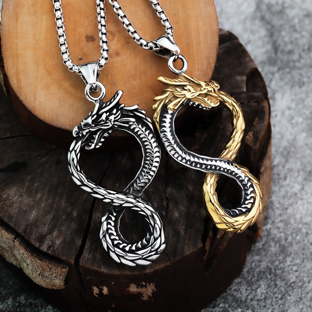 Vintage Stainless Steel Chinese Dragon Pendant Necklace for Men