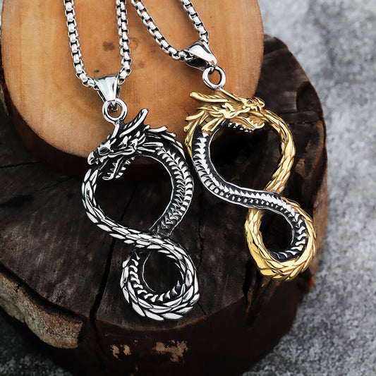 Vintage Stainless Steel Chinese Dragon Pendant Necklace for Men
