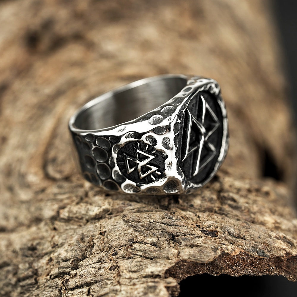 Vintage Antique Oxidized Solid Stainless Steel Hammered Texture Triquetra Celtic Knot Wide Signet Band Ring for Men