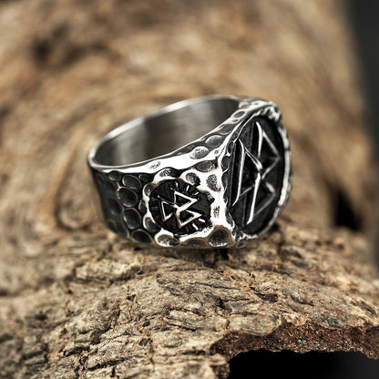 Vintage Antique Oxidized Solid Stainless Steel Hammered Texture Triquetra Celtic Knot Wide Signet Band Ring for Men