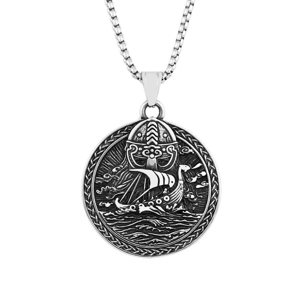 Mens Steel Vintage Viking Ship Double Sided Round Pendant Necklace