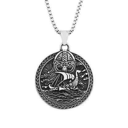 Mens Steel Vintage Viking Ship Double Sided Round Pendant Necklace