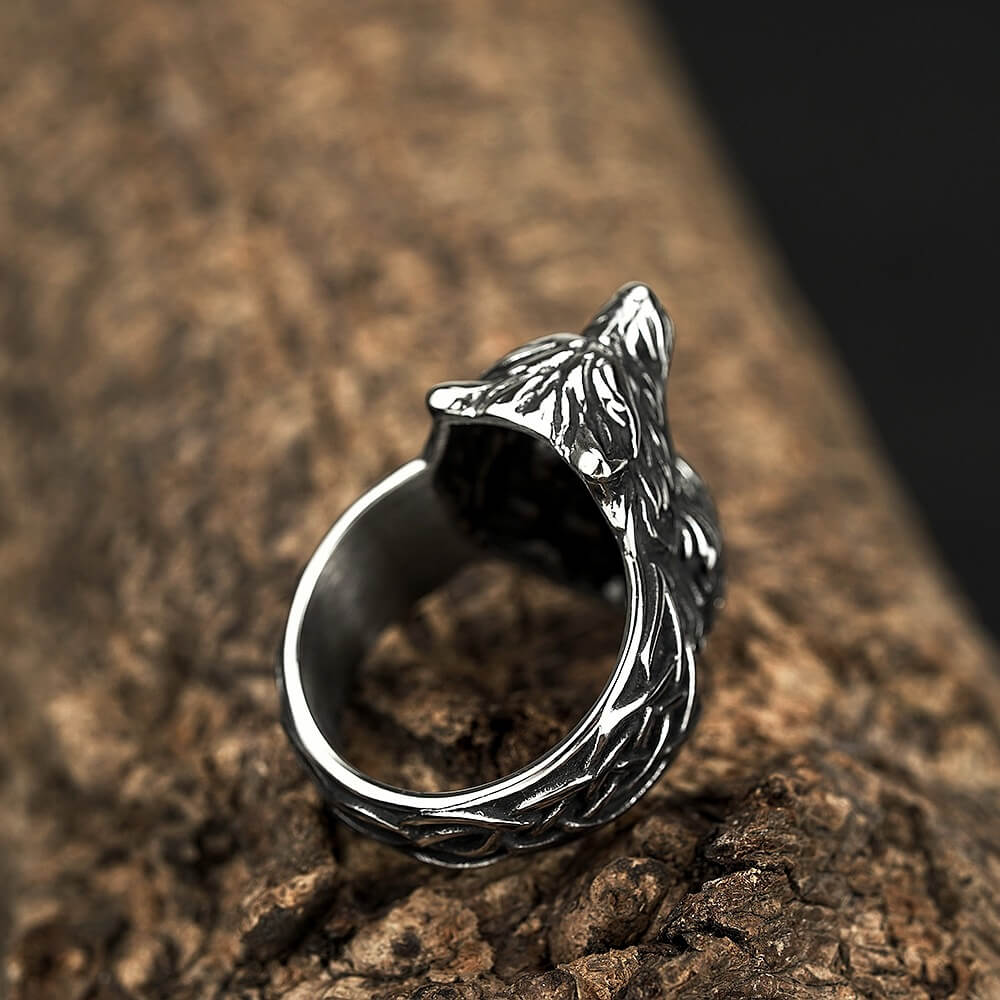 Vintage Antique Oxidized Solid Stainless Steel Norse Viking 3D Wolf Head Triquetra Celtic Knot Band Ring for Men