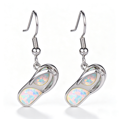 Women's Flip‑Flop Shape Opal Dangle Earrings, Blue Opal / White Opal