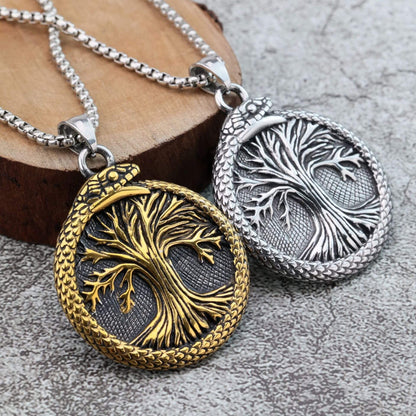 Men's Steel Vintage Ouroboros Tree of Life Round Pendant Necklace