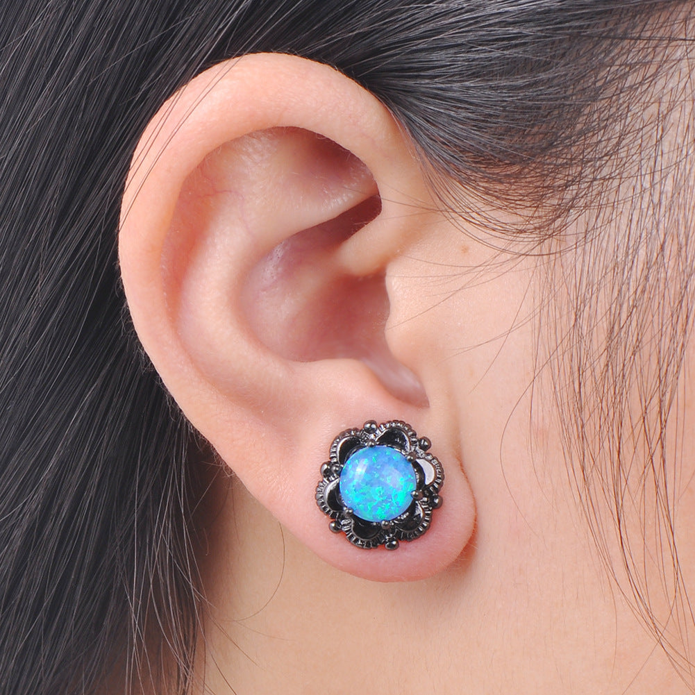 Women's Vintage Flower Stud Earrings, White Opal Prong Inlay, Black Plating
