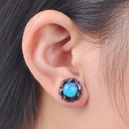 Women's Vintage Flower Stud Earrings, White Opal Prong Inlay, Black Plating