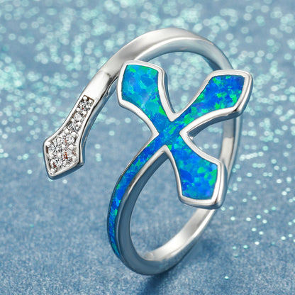 Women's Cross Opal with Zirconia Adjustable Ring
