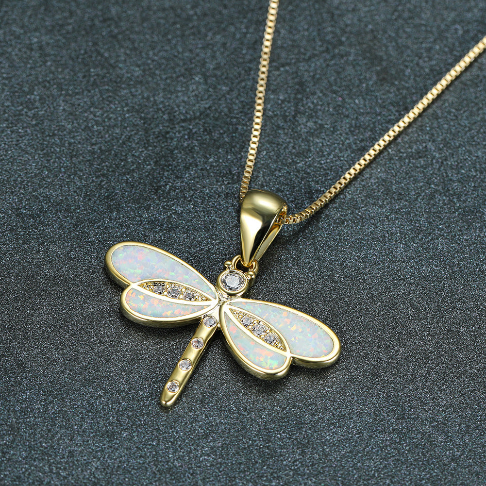 New Ins-style minimalist gold dragonfly blue opal necklace for women