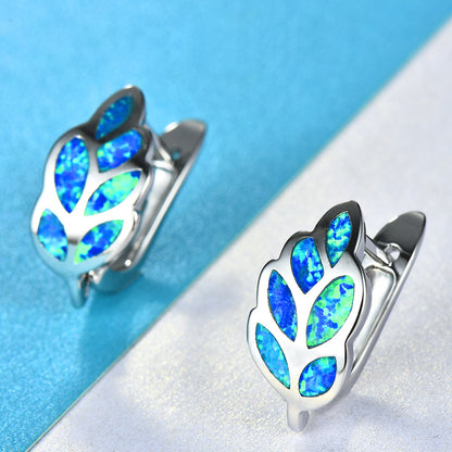 Women's Leaf‑Shaped Opal Huggie Clip‑on Earrings, with White Gold Plating
