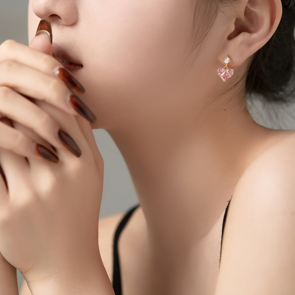 Women's Dangle Earrings, Pink Heart‑Shape Zirconia with Round Zirconia Accent, S925 with 18K Gold Plating