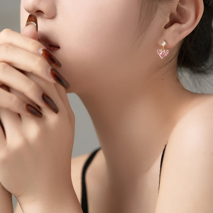 Women's Dangle Earrings, Pink Heart‑Shape Zirconia with Round Zirconia Accent, S925 with 18K Gold Plating