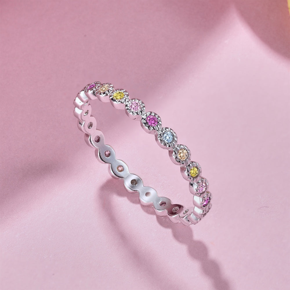Women's Colorful Round Zirconia Paved Slim Band Ring, S925 with White Gold Plating